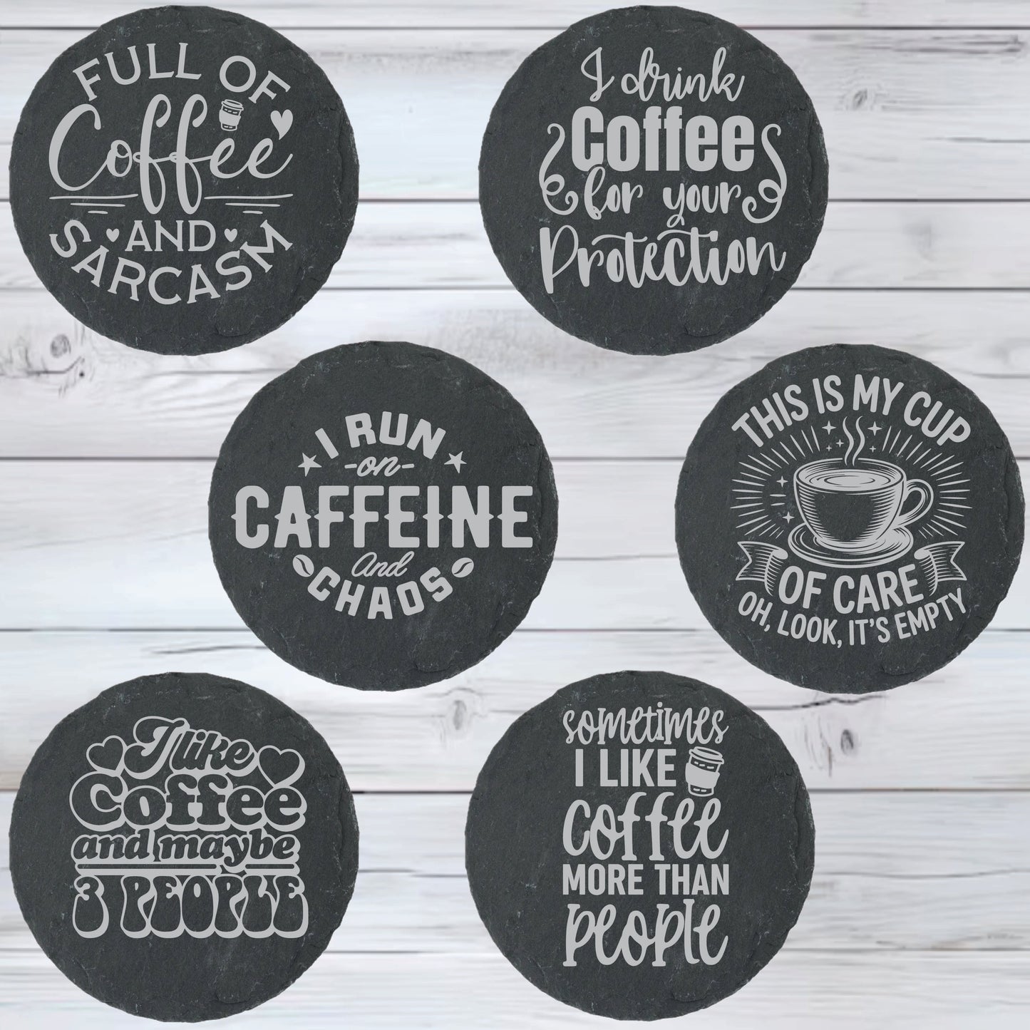Coffee Lovers Slate Stone Coasters | Set of Six Round or Square & Metal Holder | Funny Coffee Sayings