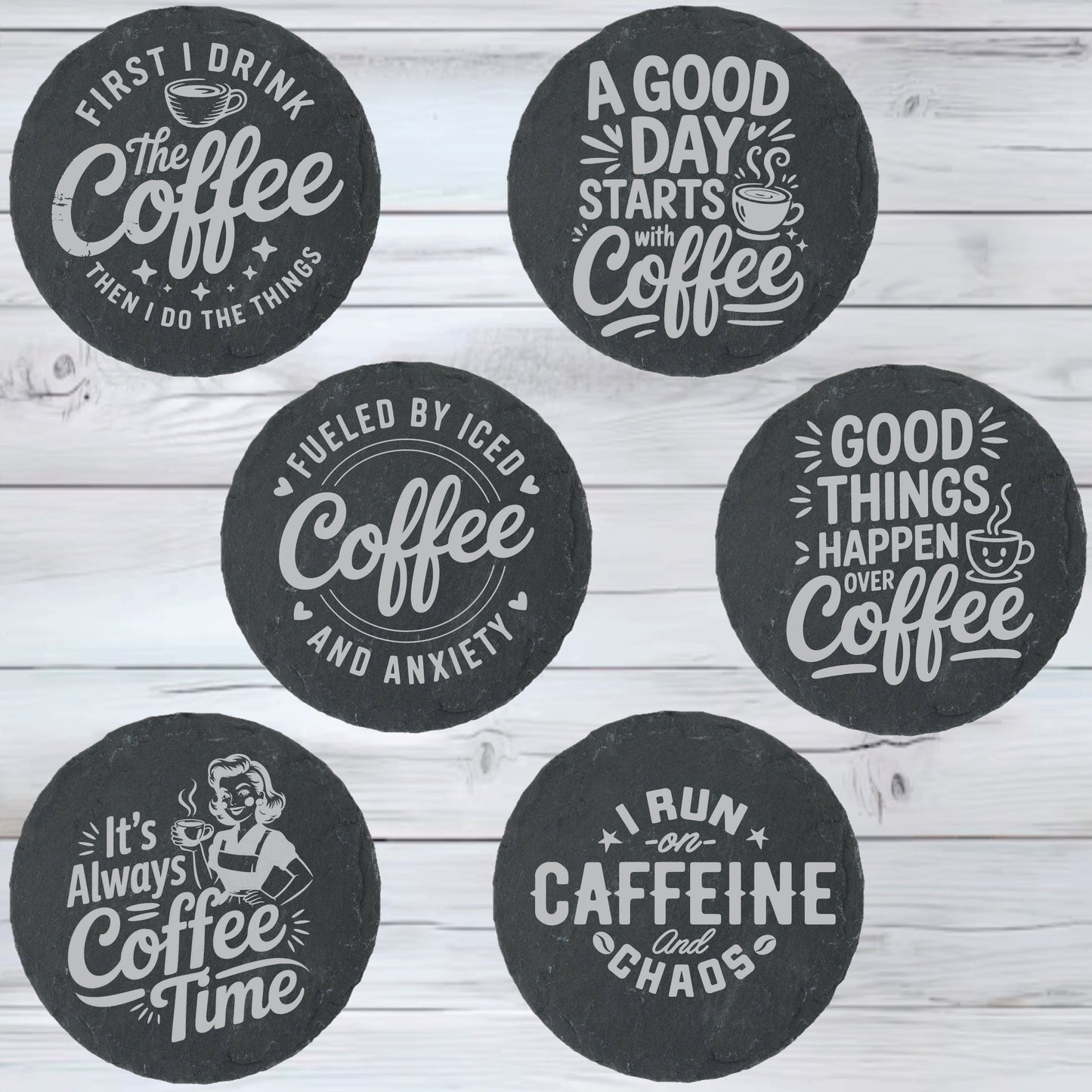 Coffee Lovers Slate Stone Coasters | Set of Six Round or Square & Metal Holder | Funny Coffee Sayings