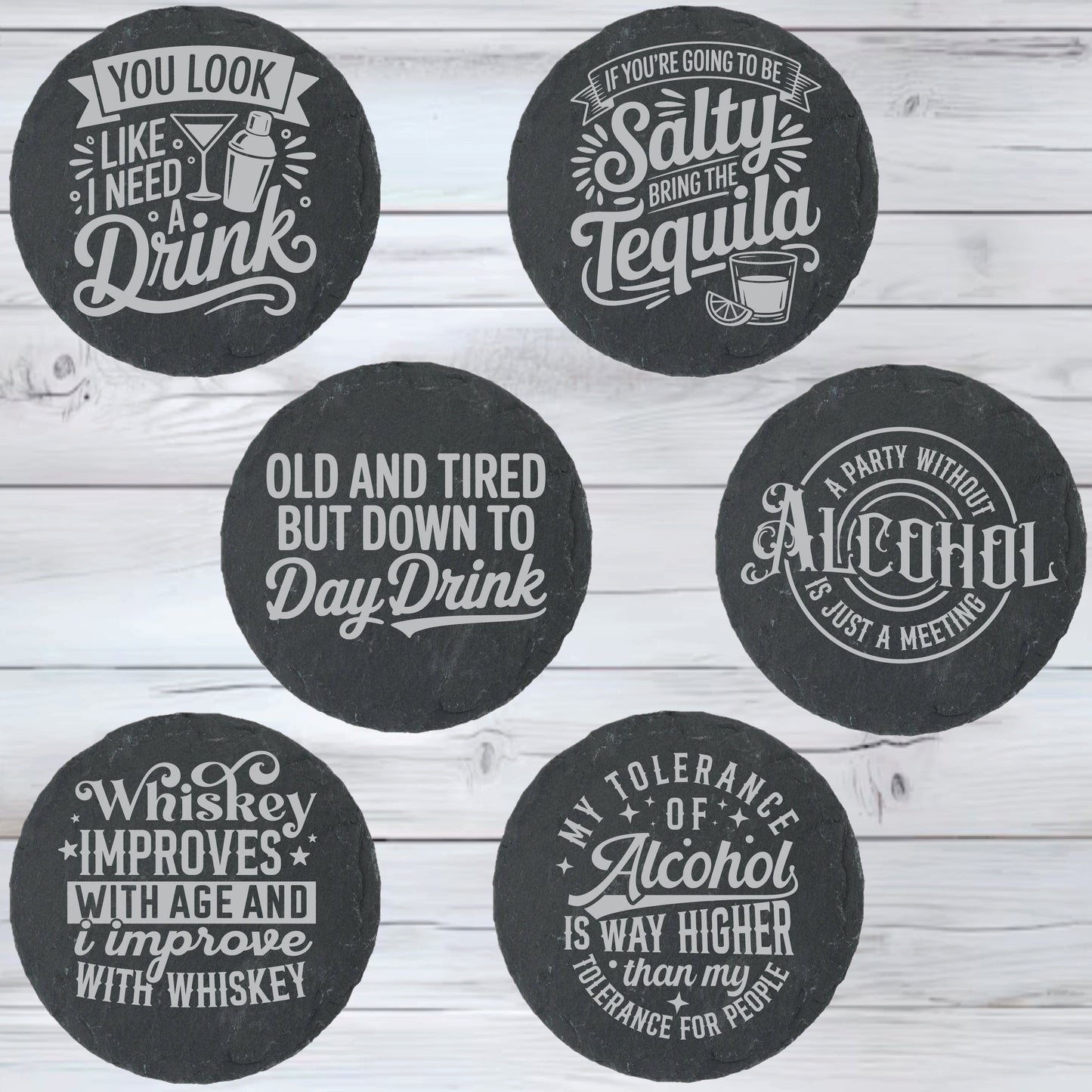 Happy Hours Alcohol Slate Stone Coasters | Set of Six Round or Square & Metal Holder | Funny Drink Sayings