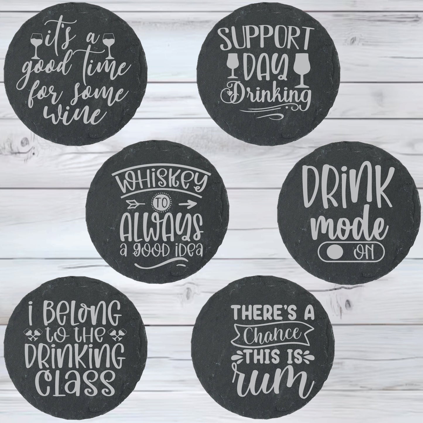 Happy Hours Alcohol Slate Stone Coasters | Set of Six Round or Square & Metal Holder | Funny Drink Sayings