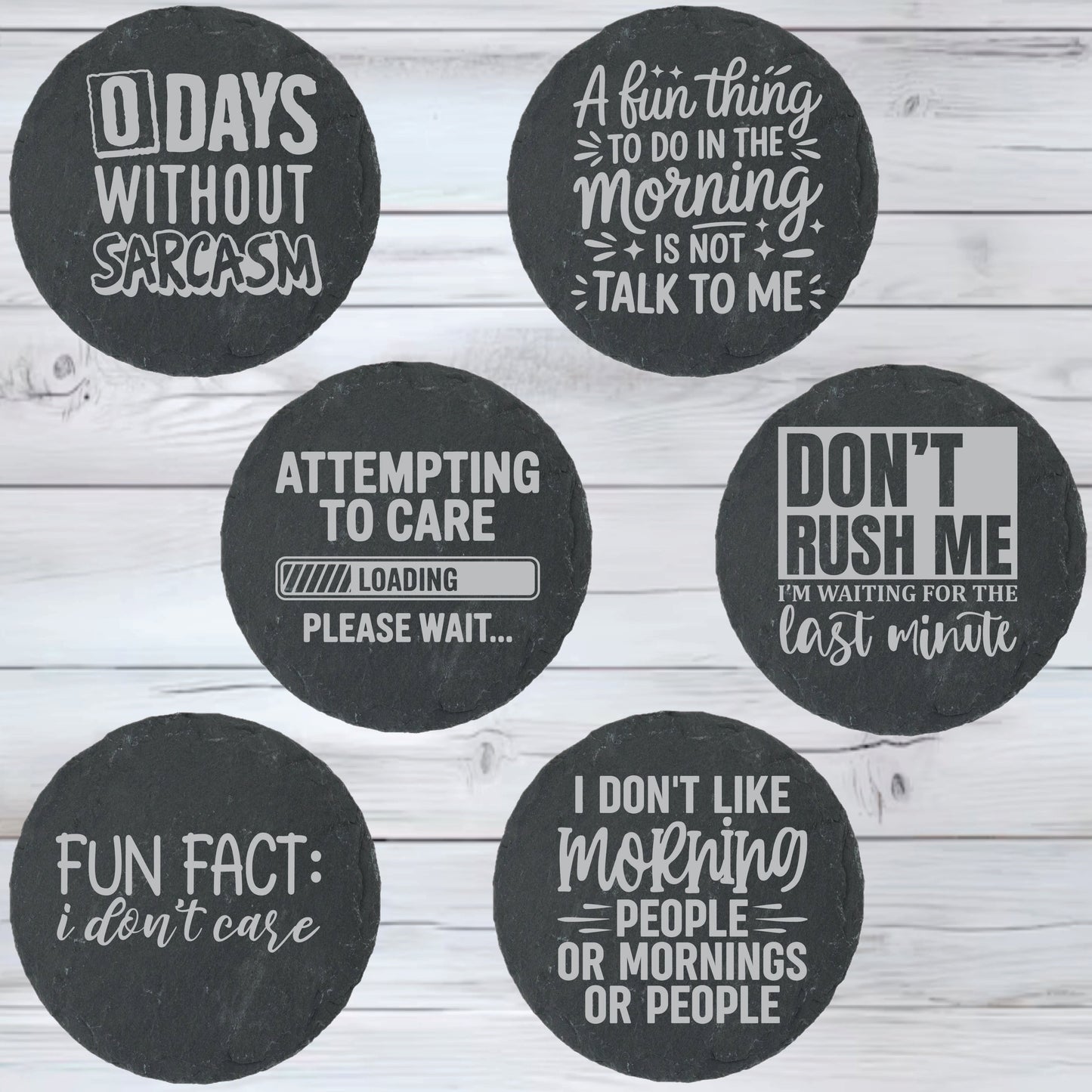 Sarcasm Slate Stone Coasters | Set of Six Round or Square & Metal Holder | Funny Sarcastic Coasters