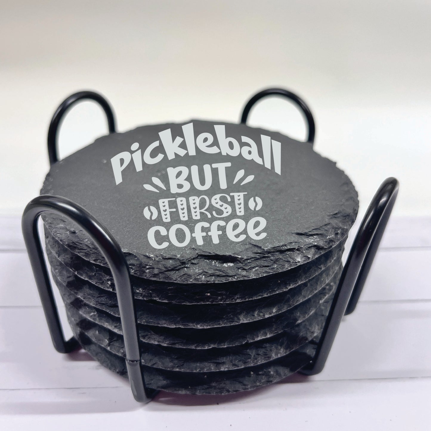 Pickleball Slate Stone Coasters | Set of Six Coasters Round or Square & Metal Holder | Stone Coasters