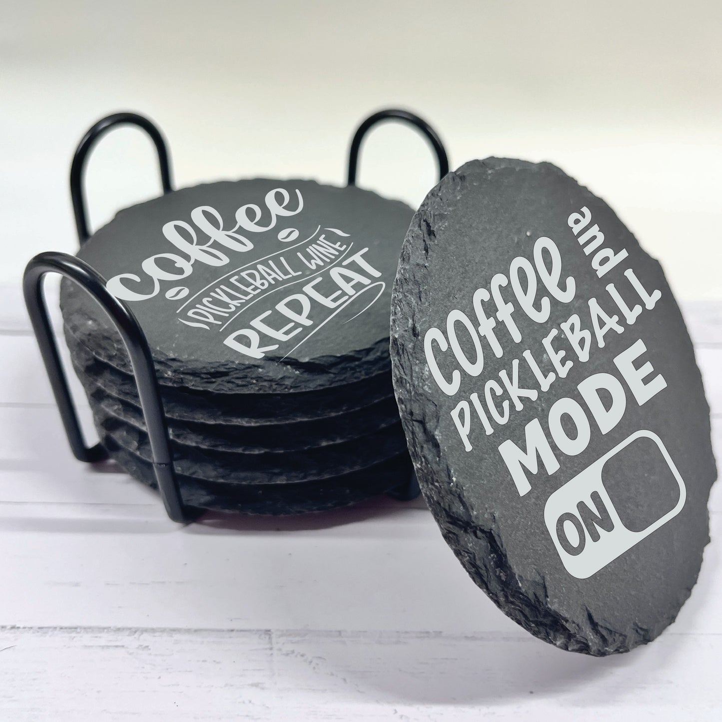 Pickleball Slate Stone Coasters | Set of Six Coasters Round or Square & Metal Holder | Stone Coasters