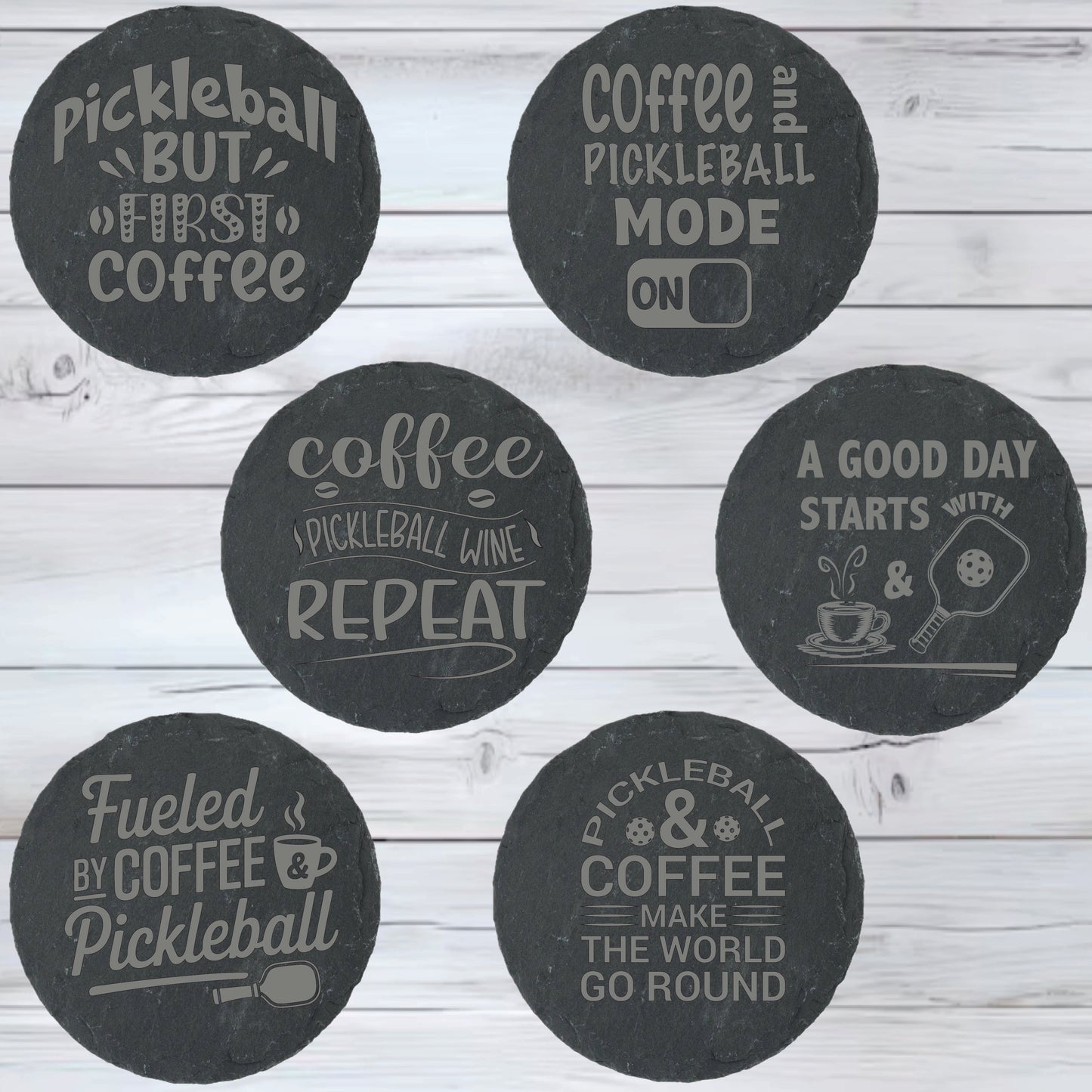 Pickleball Slate Stone Coasters | Set of Six Coasters Round or Square & Metal Holder | Stone Coasters