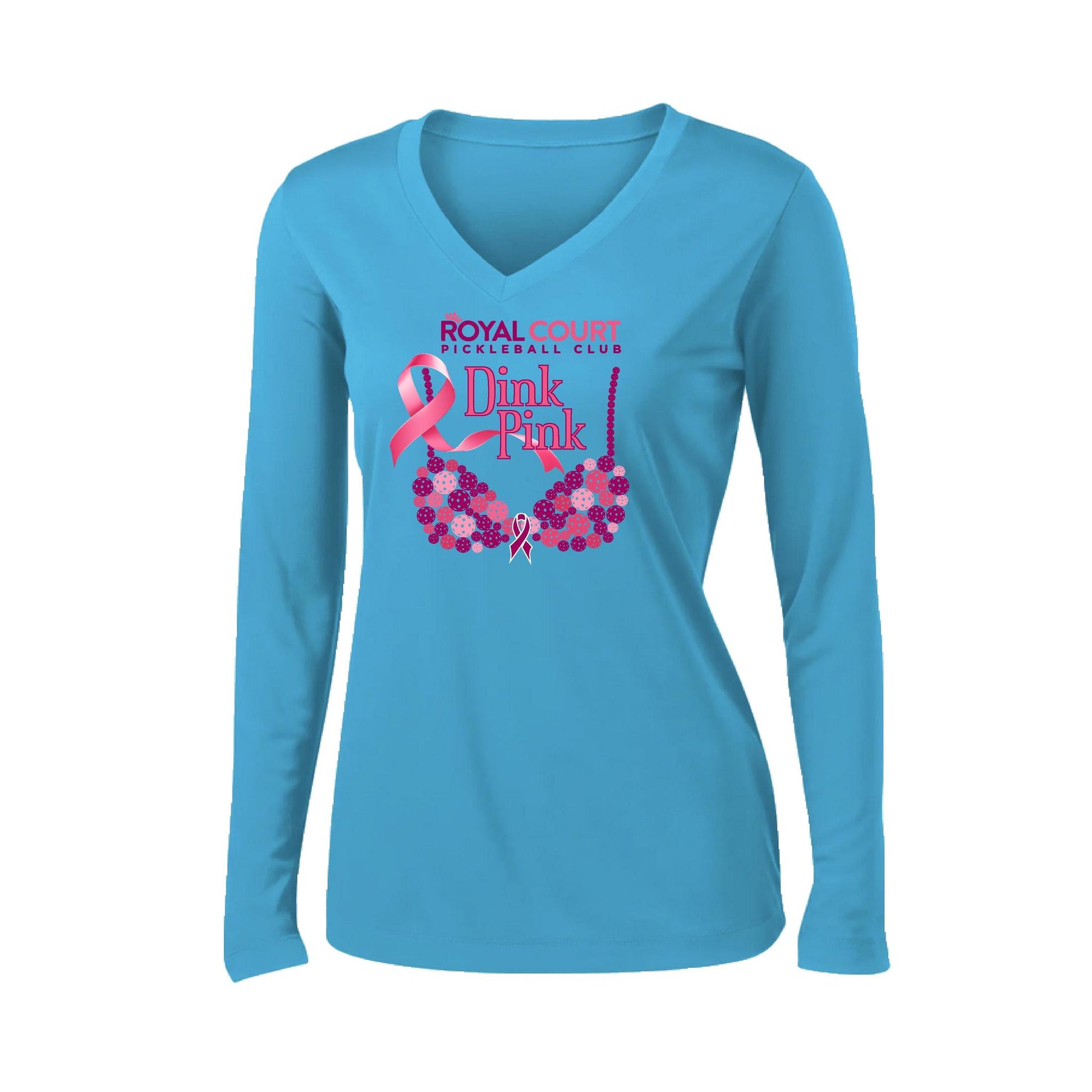 Royal Court Dink Pink | Women’s Long Sleeve V-Neck Pickleball Performance T-Shirt | 100% Polyester