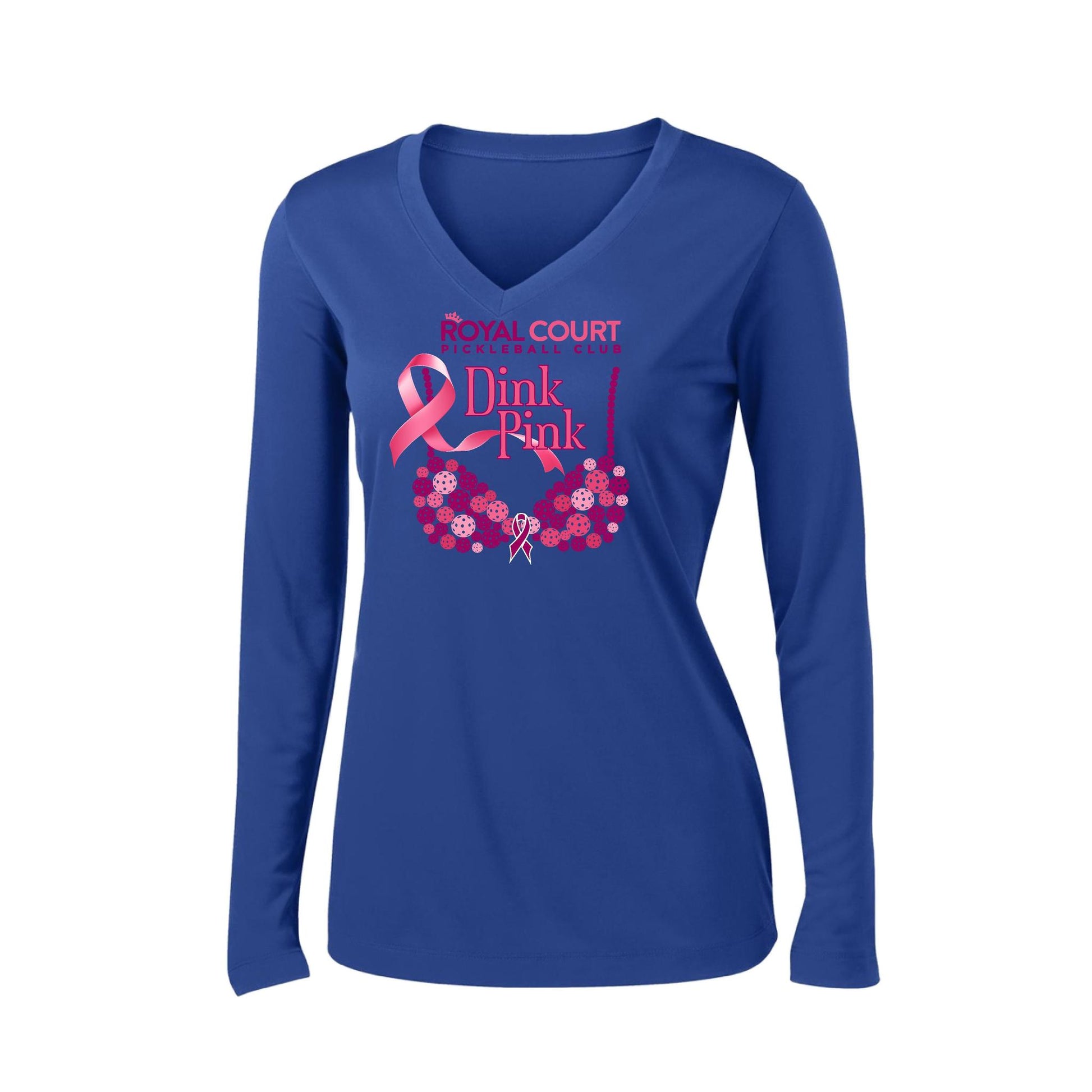 Royal Court Dink Pink | Women’s Long Sleeve V-Neck Pickleball Performance T-Shirt | 100% Polyester