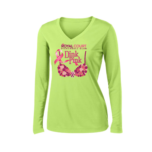 Royal Court Dink Pink | Women’s Long Sleeve V-Neck Pickleball Performance T-Shirt | 100% Polyester