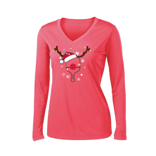 Rudolph The Pickling Reindeer Paddle | Women’s Long Sleeve V-Neck Pickleball Performance T-Shirt | 100% Polyester