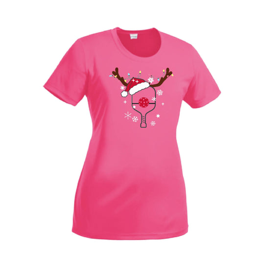 Rudolph The Pickling Reindeer Paddle | Women’s Short Sleeve Crewneck Pickleball Performance T-Shirts | 100% Polyester