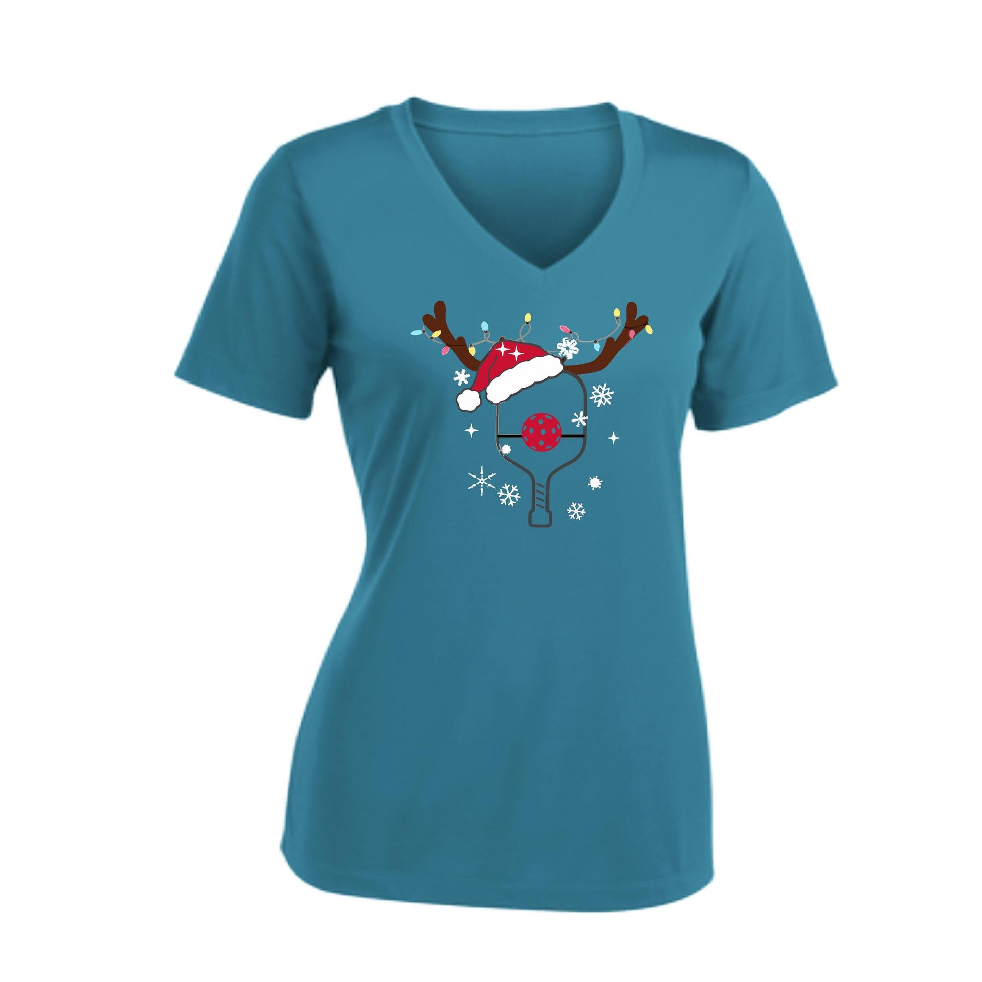 Rudolph The Pickling Reindeer Paddle | Women's Short Sleeve V-Neck Pickleball Performance T-Shirts | 100% Polyester