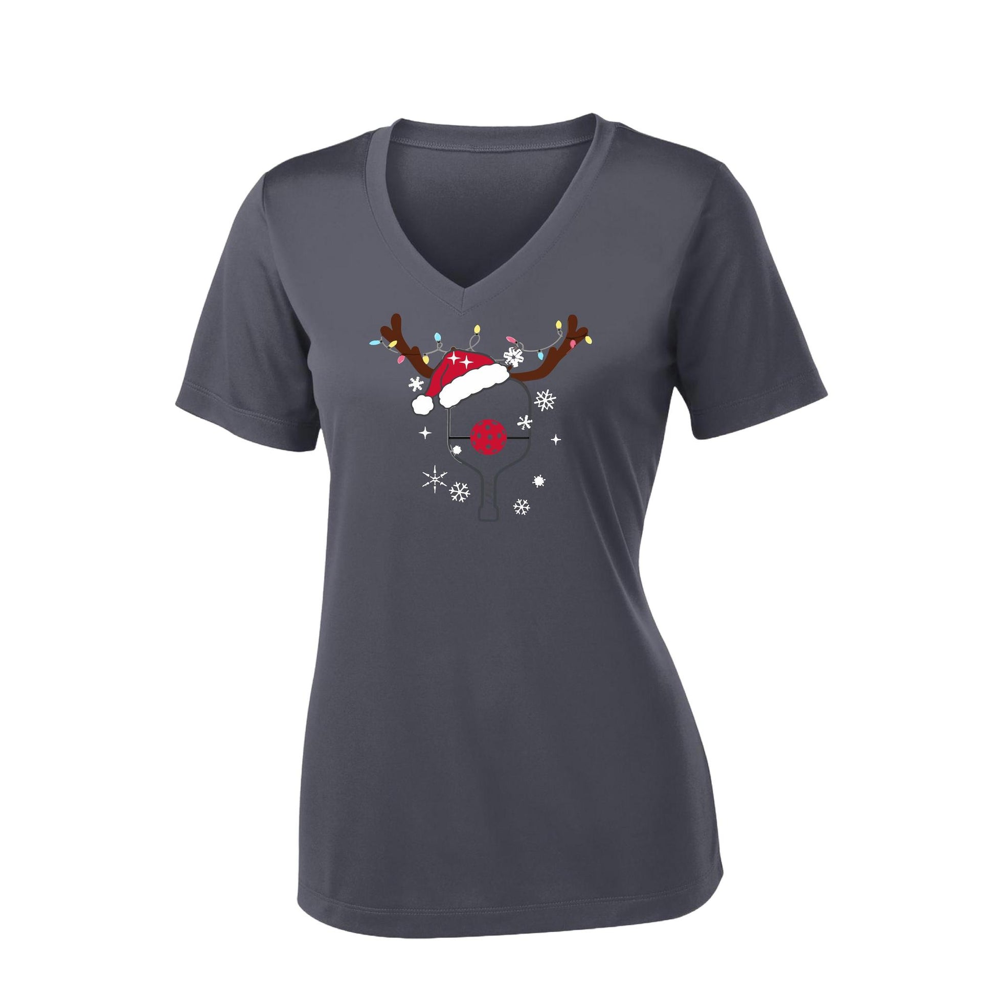 Rudolph The Pickling Reindeer Paddle | Women's Short Sleeve V-Neck Pickleball Performance T-Shirts | 100% Polyester