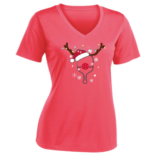 Rudolph The Pickling Reindeer Paddle | Women's Short Sleeve V-Neck Pickleball Performance T-Shirts | 100% Polyester