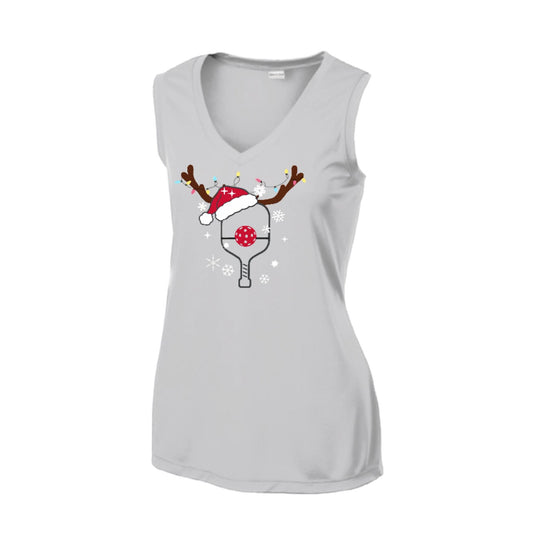 Rudolph The Pickling Reindeer Paddle | Women’s Sleeveless Pickleball Performance T-Shirt | 100% Polyester