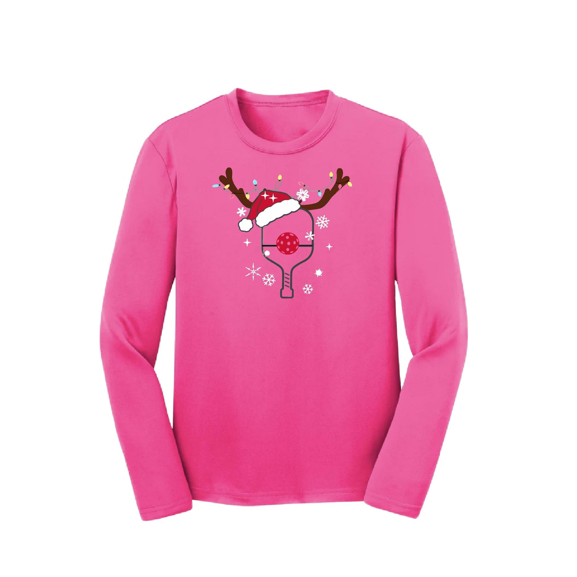 Rudolph The Pickling Reindeer Paddle | Youth Long Sleeve Pickleball Performance T-Shirts | 100% Polyester