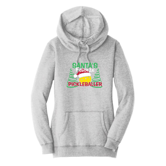 Santa's Favorite Pickleballer | Women’s Cowl-Neck Hoodie Pickleball Sweatshirt | 55% Cotton 45% Poly Fleece