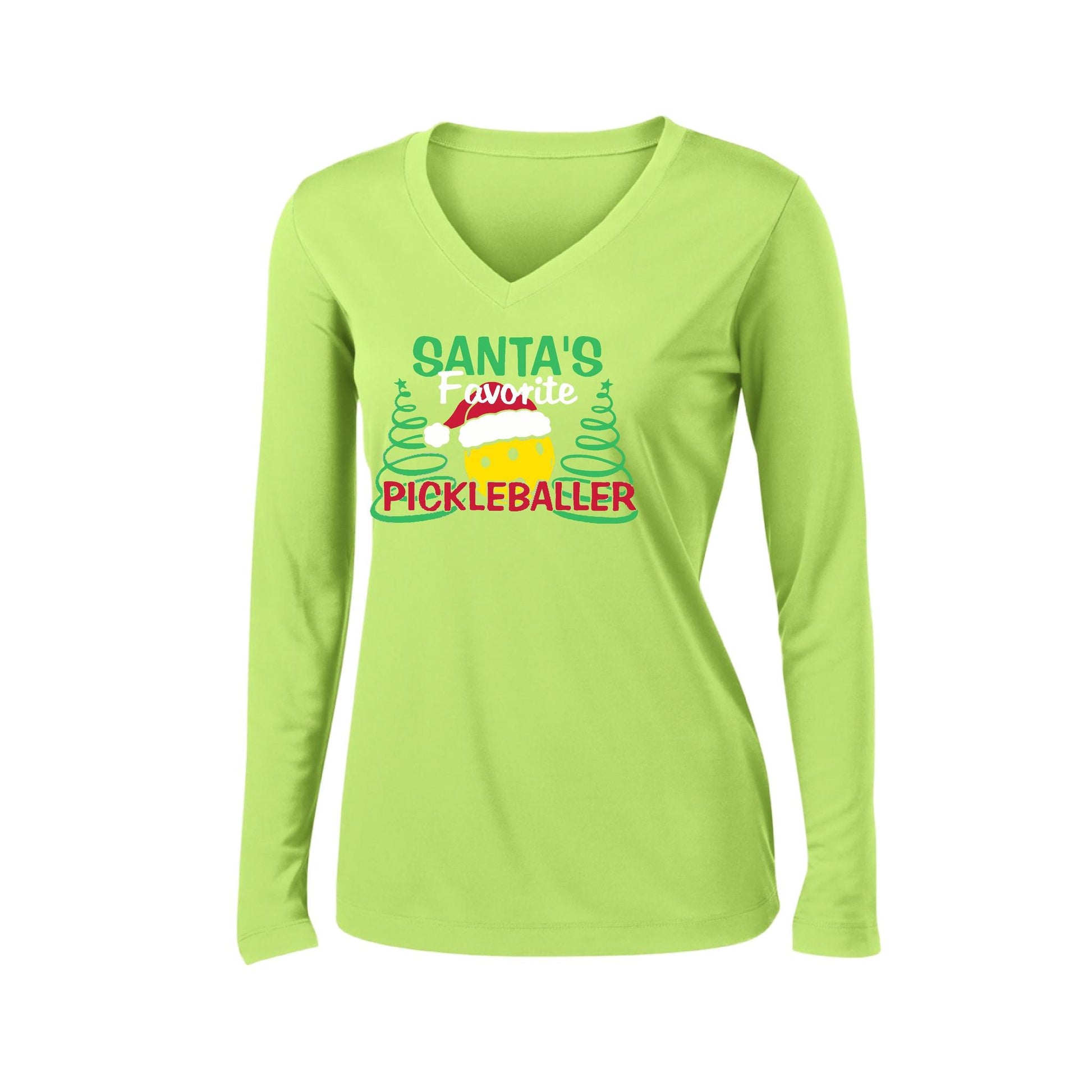 Santa's Favorite Pickleballer | Women’s Long Sleeve V-Neck Pickleball Performance T-Shirt | 100% Polyester
