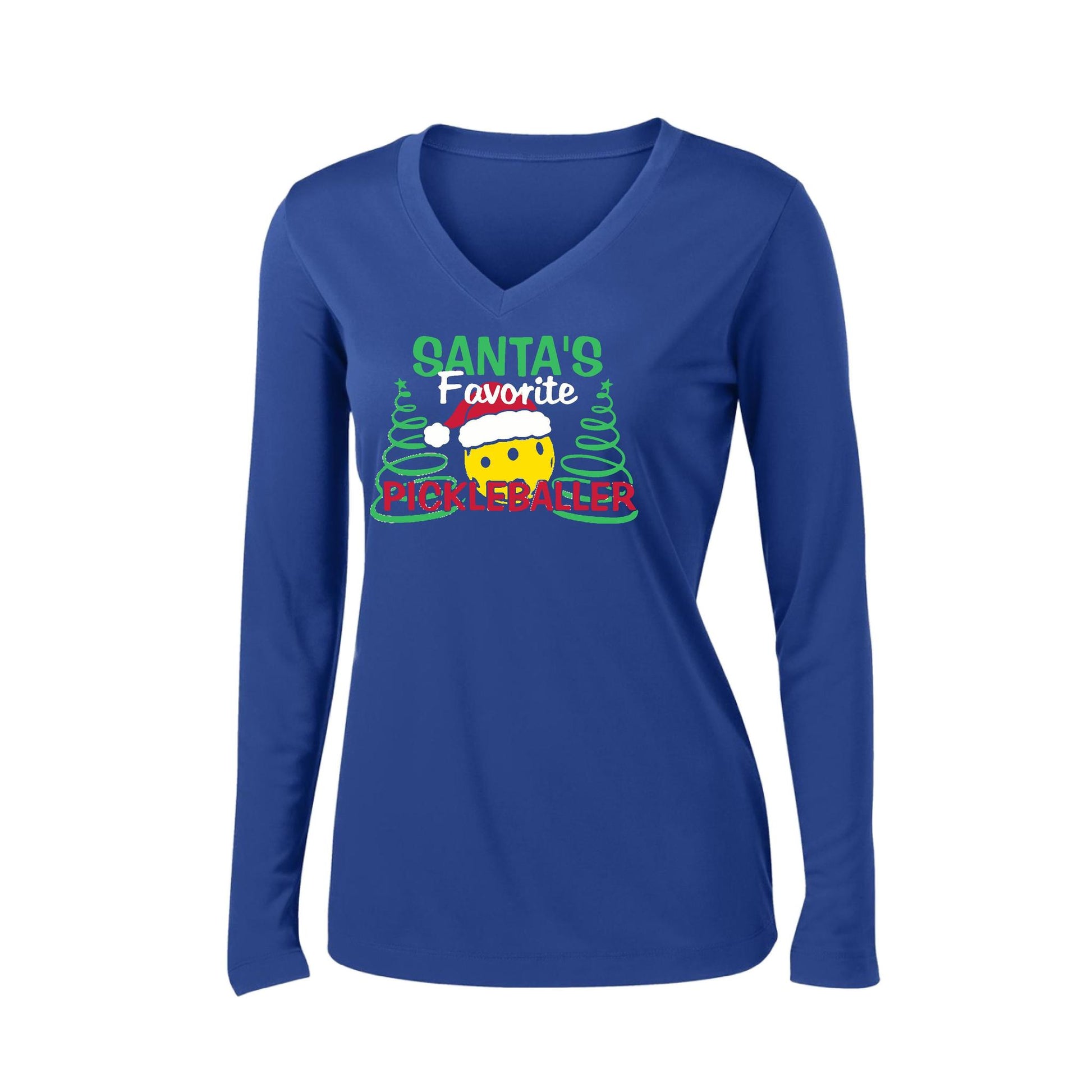 Santa's Favorite Pickleballer | Women’s Long Sleeve V-Neck Pickleball Performance T-Shirt | 100% Polyester