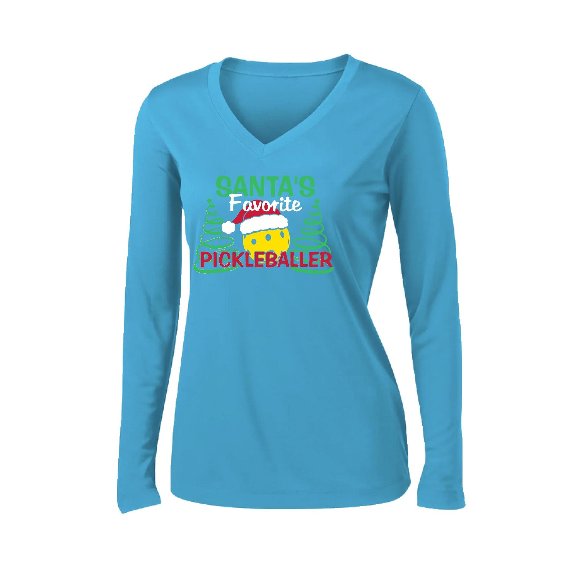 Santa's Favorite Pickleballer | Women’s Long Sleeve V-Neck Pickleball Performance T-Shirt | 100% Polyester