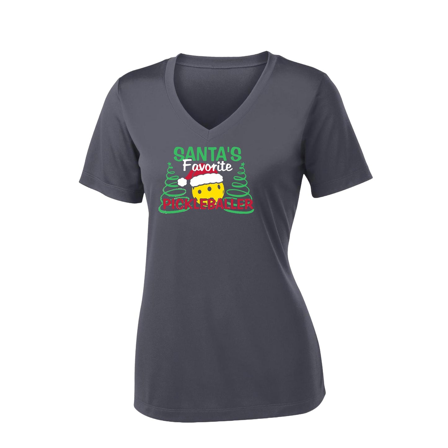 Santa's Favorite Pickleballer | Women's Short Sleeve V-Neck Pickleball Performance T-Shirts | 100% Polyester