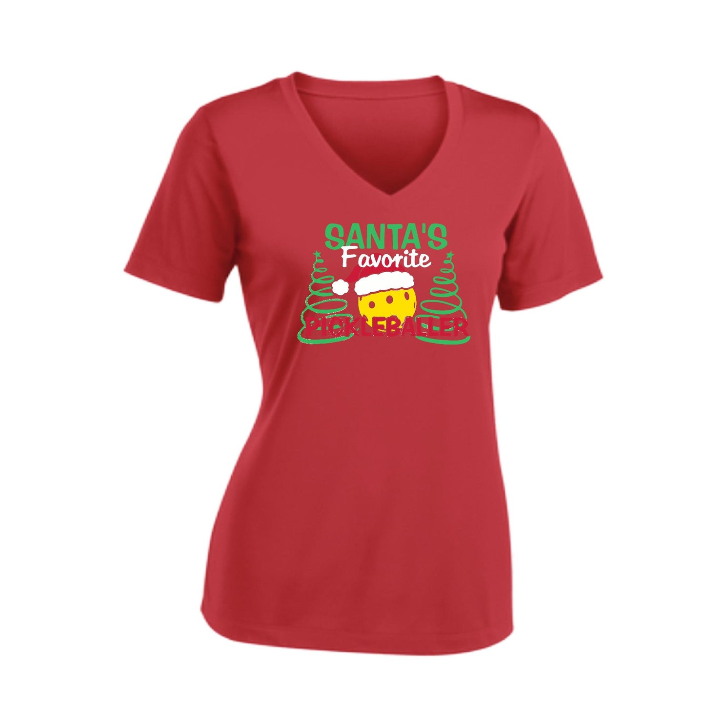 Santa's Favorite Pickleballer | Women's Short Sleeve V-Neck Pickleball Performance T-Shirts | 100% Polyester