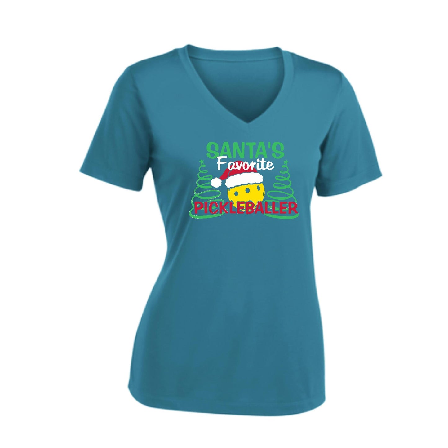Santa's Favorite Pickleballer | Women's Short Sleeve V-Neck Pickleball Performance T-Shirts | 100% Polyester