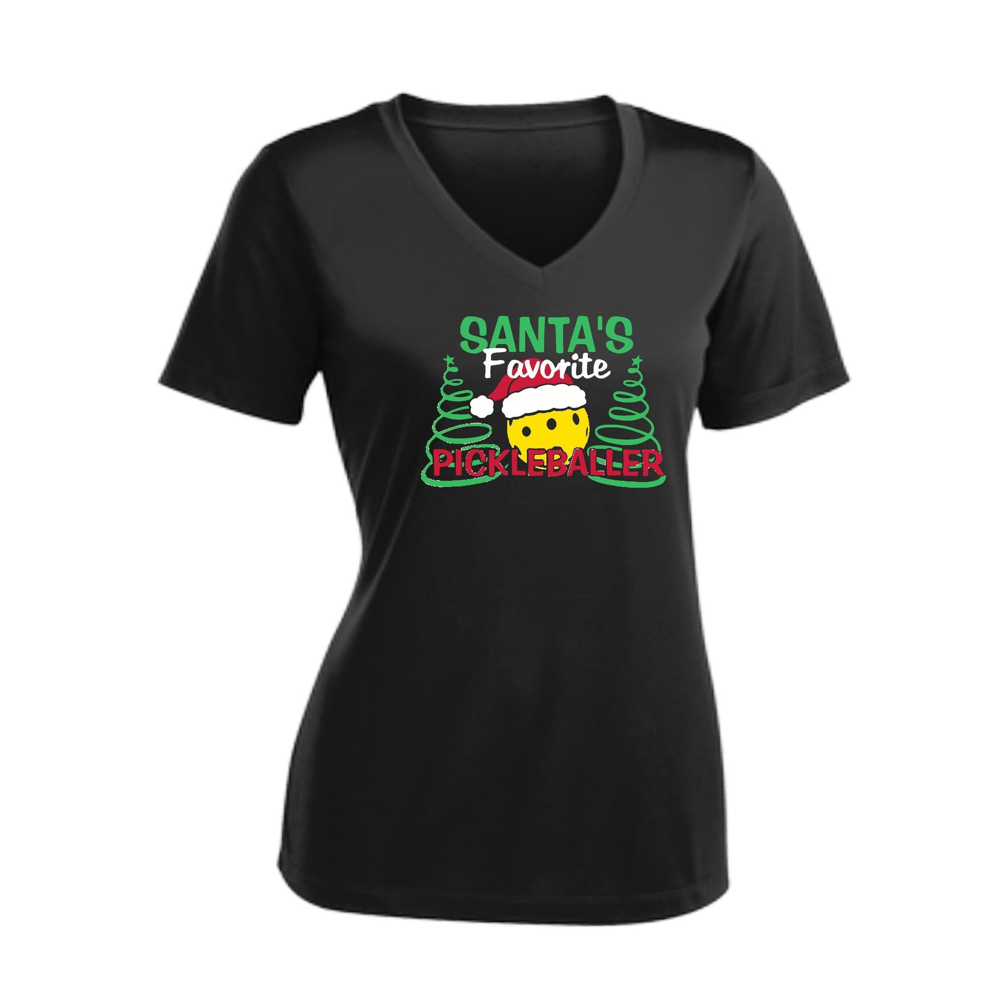 Santa's Favorite Pickleballer | Women's Short Sleeve V-Neck Pickleball Performance T-Shirts | 100% Polyester