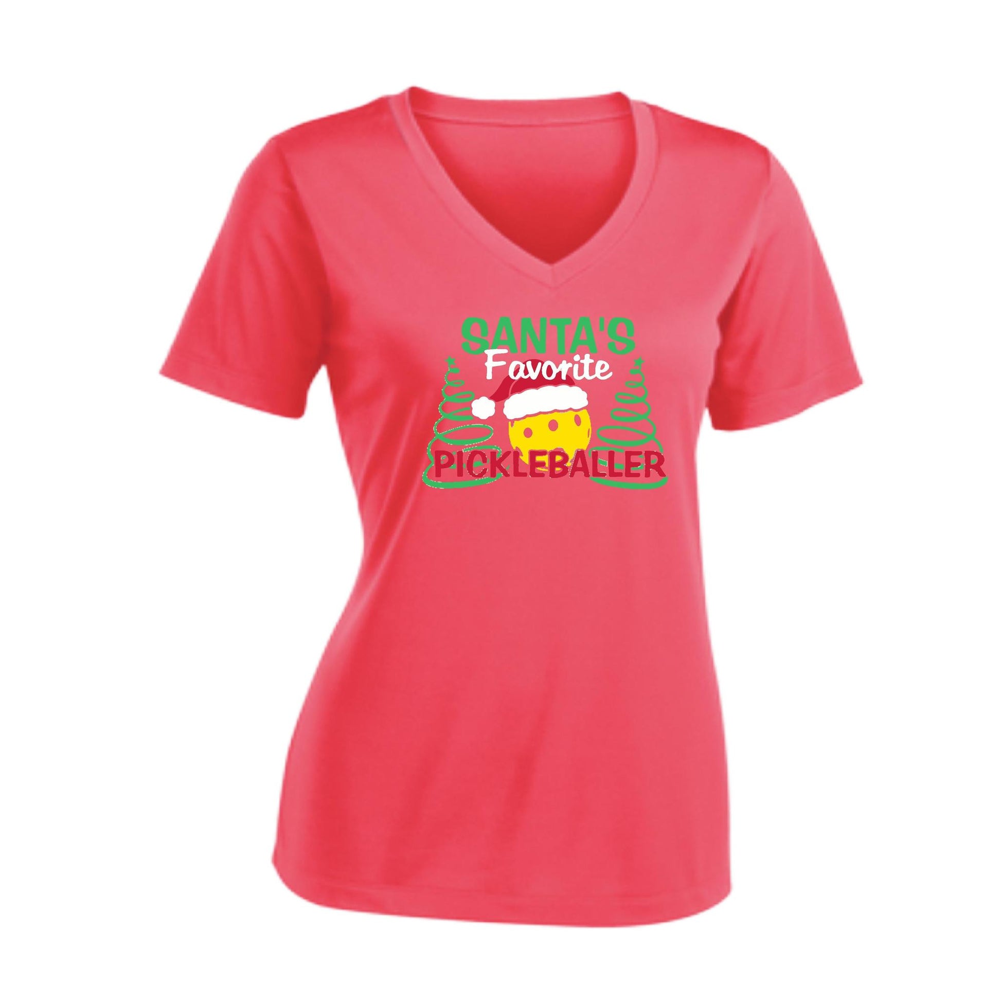 Santa's Favorite Pickleballer | Women's Short Sleeve V-Neck Pickleball Performance T-Shirts | 100% Polyester