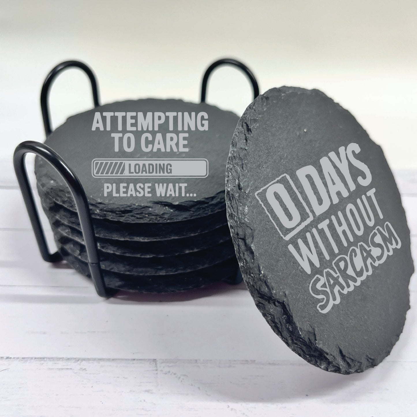 Sarcasm Slate Stone Coasters | Set of Six Round or Square & Metal Holder | Funny Sarcastic Coasters