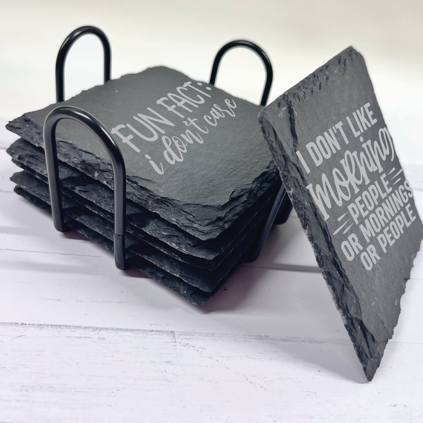 Sarcasm Slate Stone Coasters | Set of Six Round or Square & Metal Holder | Funny Sarcastic Coasters