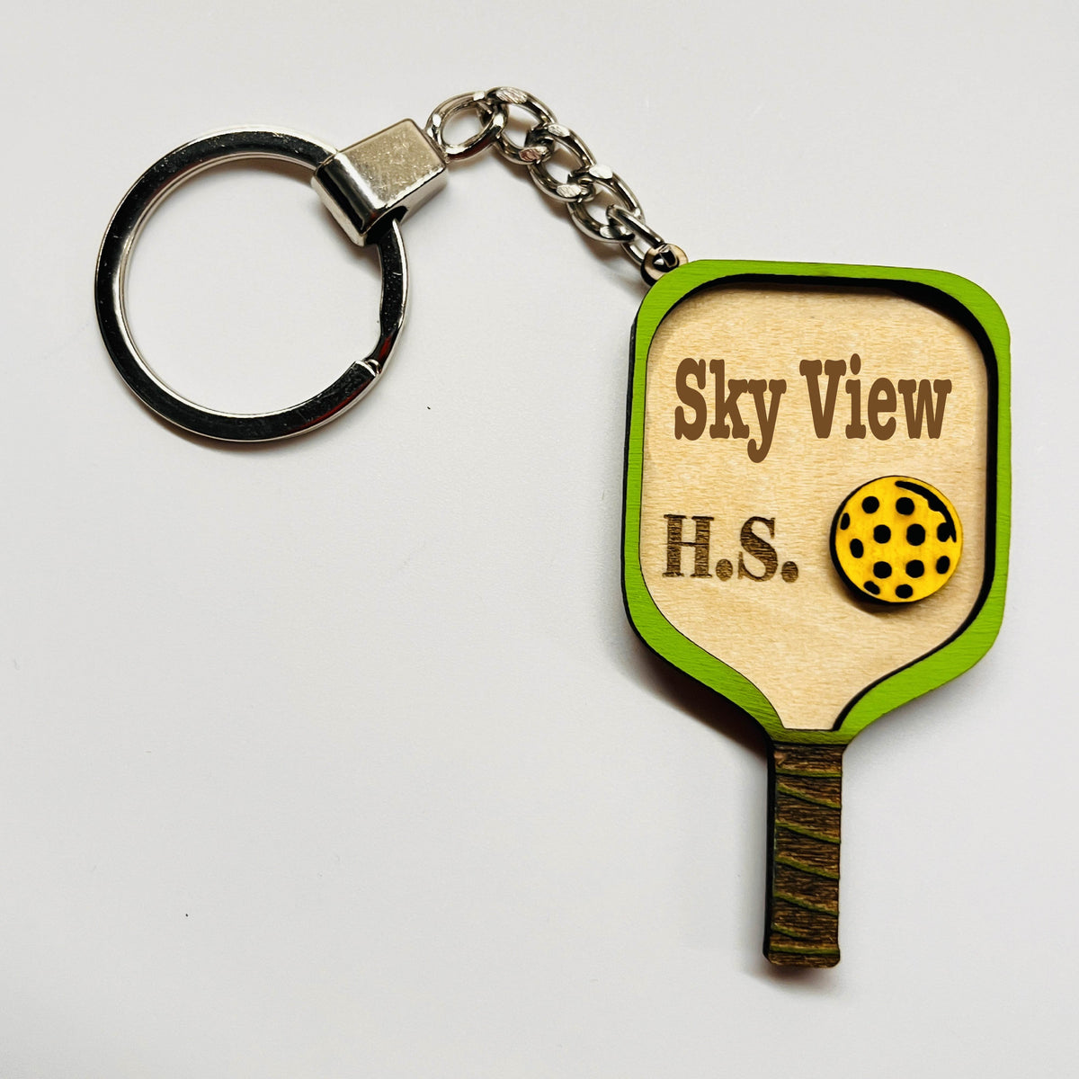 Set of 10 Sky View High School Custom Pickleball Paddle Keychain, Personalized Balsa Wood Charms