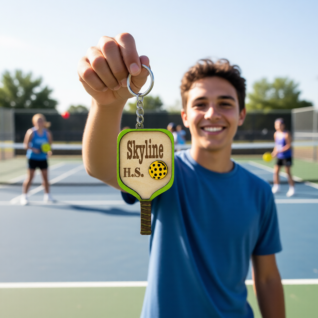 Set of 10 Skyline Custom Pickleball Paddle Keychain, Personalized Balsa Wood Keychain, Pickleball Player Gift
