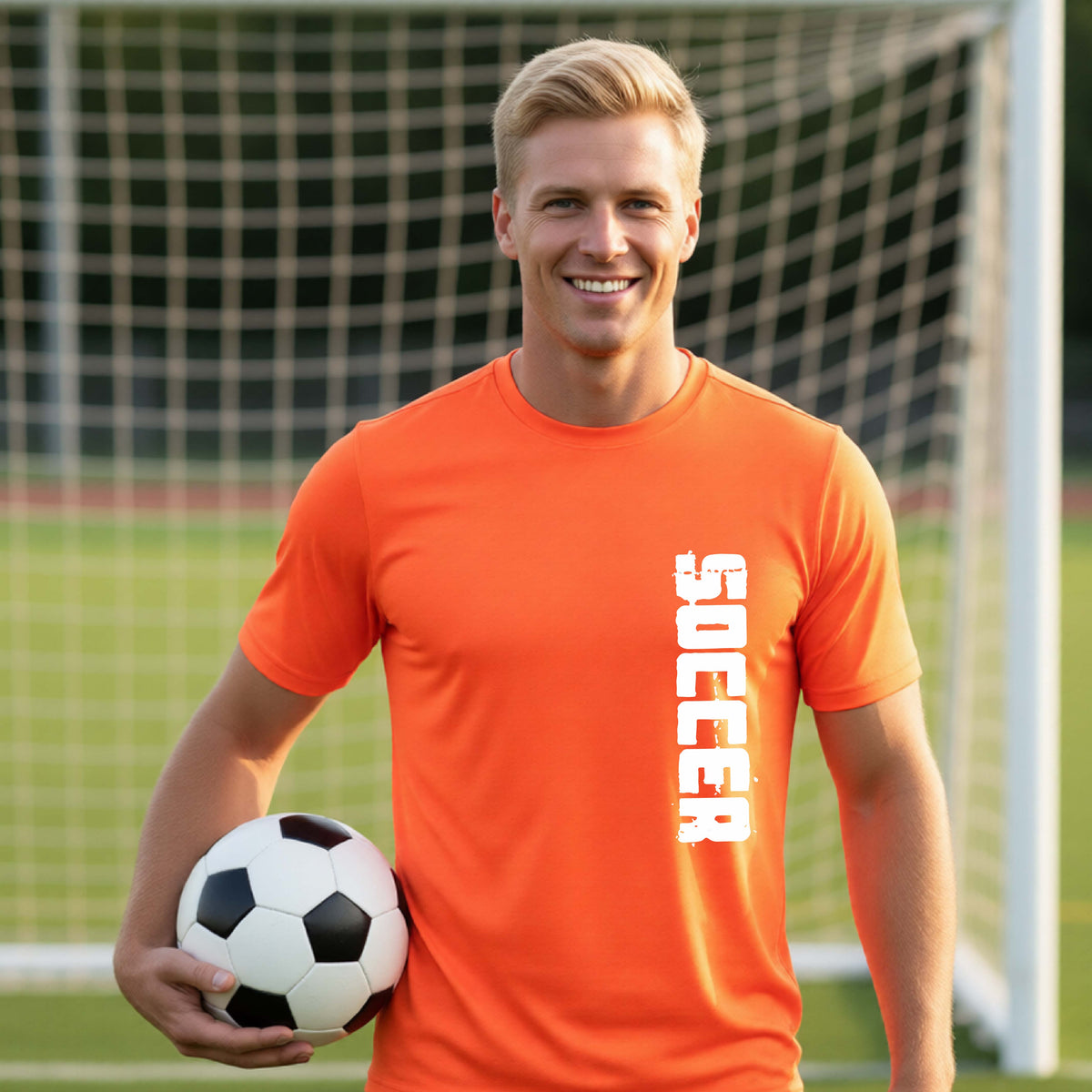 A smiling middle-aged man wearing a bright orange athletic t-shirt with the word 'SOCCER' printed vertically in white on the right side of the chest, holding a black and white soccer ball in front of a soccer goal net.