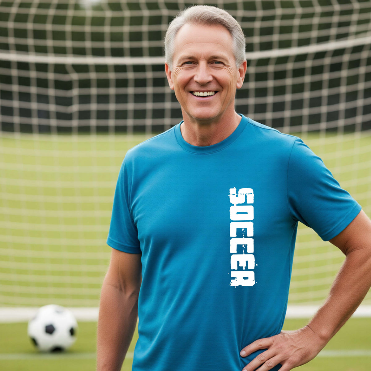 A smiling middle-aged man wearing a bright blue athletic t-shirt with the word 'SOCCER' printed vertically in white on the right side of the chest, holding a black and white soccer ball in front of a soccer goal net.
