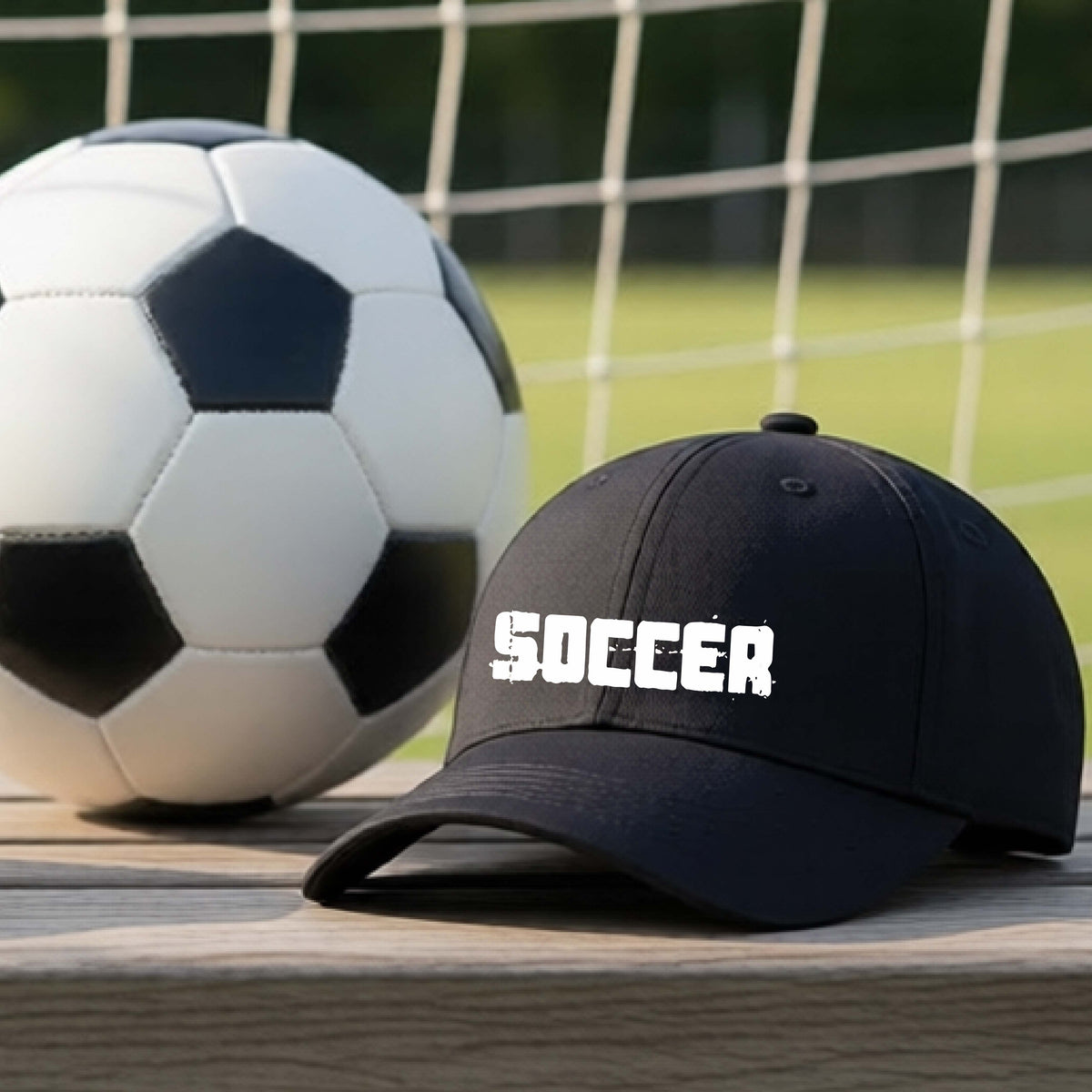 A black baseball cap with the word 'SOCCER' printed in white across the front, placed on a wooden surface in front of a soccer ball and net on an outdoor field.