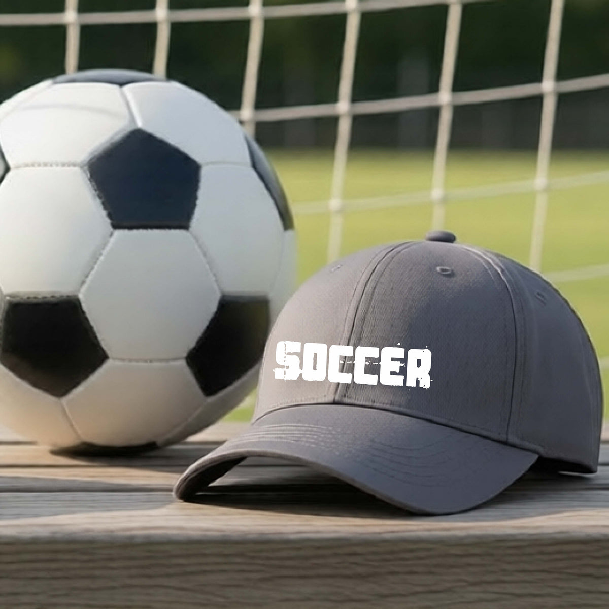 A close-up of a gray athletic hat with an artistic graphic on the chest of the word ‘SOCCER”, sitting on an outdoor bench with a soccer ball in the background. 