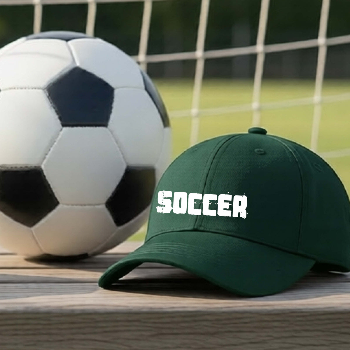 A dark green baseball cap with 'SOCCER' in white across the front, placed on a wooden surface next to a black and white soccer ball in front of a soccer net.