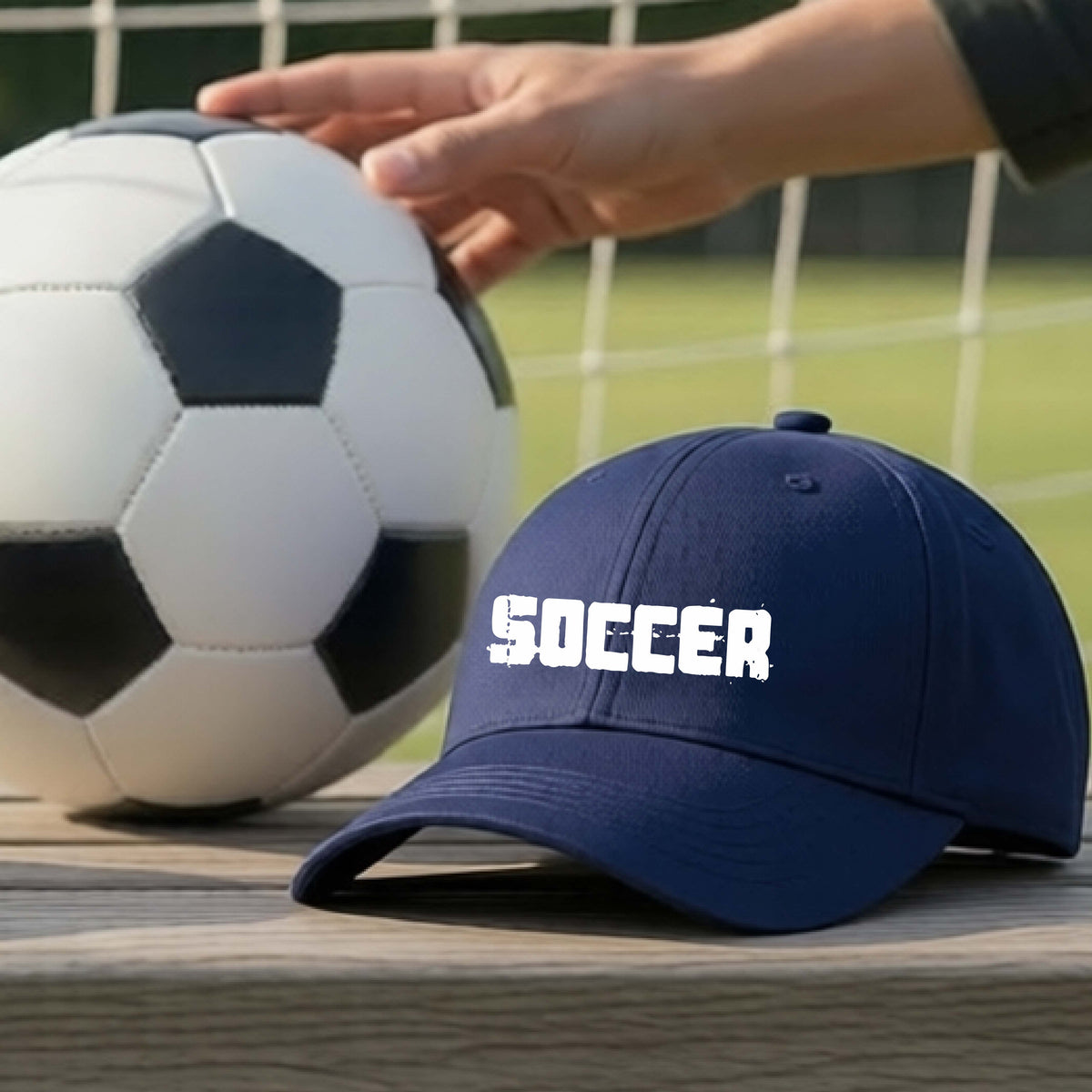 A navy blue baseball cap with 'SOCCER' printed in white on the front, resting on a wooden surface next to a black and white soccer ball, with a hand touching the ball and a blurred soccer field in the background.