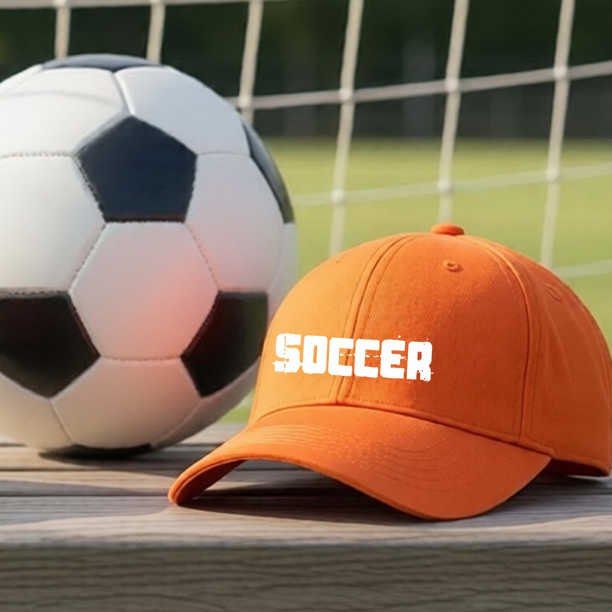 A bright orange baseball cap with 'SOCCER' in white across the front, placed on a wooden surface next to a black and white soccer ball in front of a soccer net.
