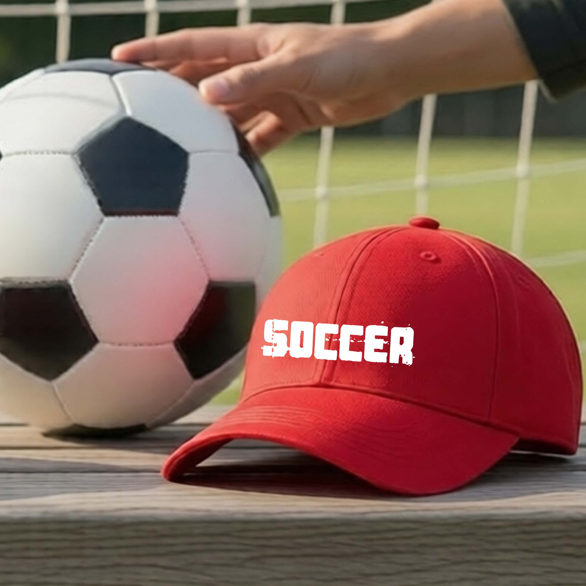 A red baseball cap with 'SOCCER' in white across the front, placed on a wooden surface next to a black and white soccer ball in front of a soccer net.