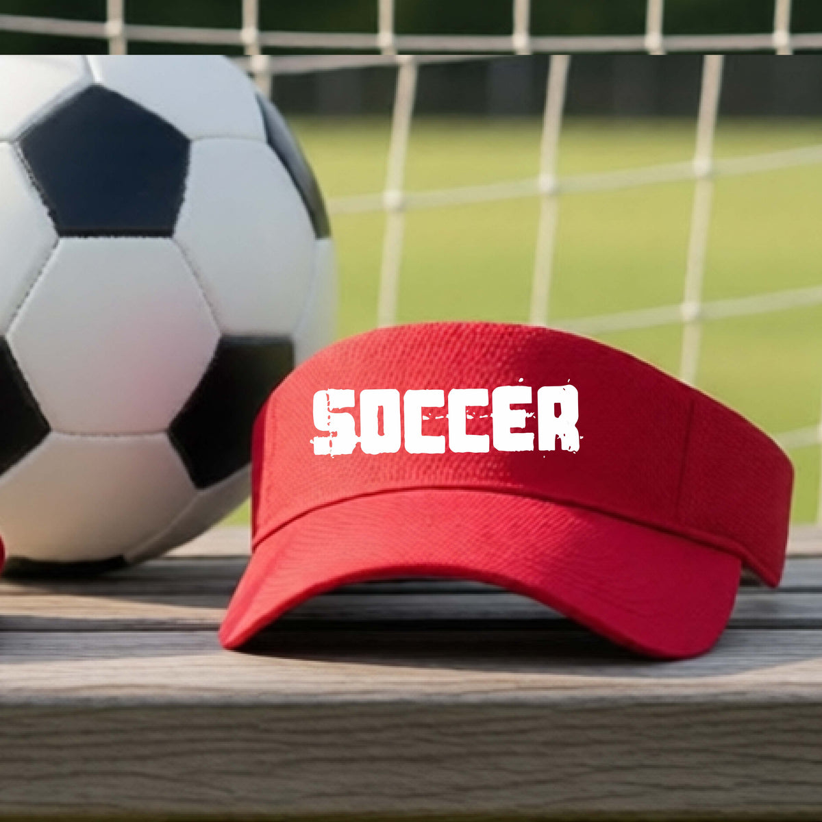 A red baseball cap with 'SOCCER' printed in white distressed letters across the front, displayed on a wooden surface next to a soccer ball with a soccer net and grassy field in the background.