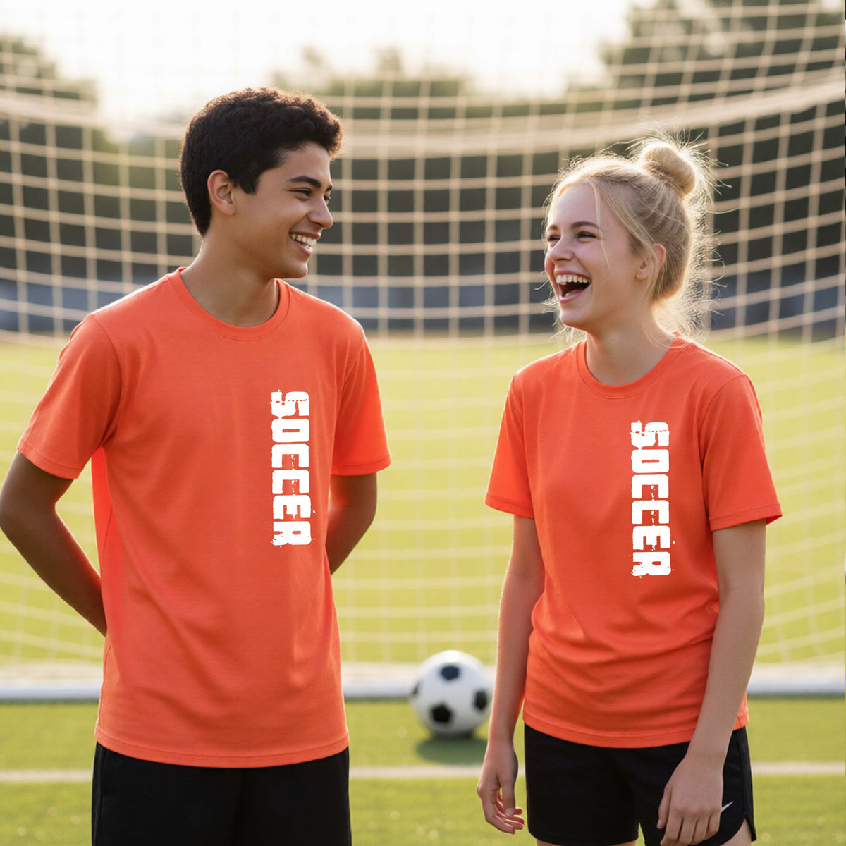 Two young students on a soccer field holding a soccer ball, wearing an orange t-shirt with a white graphic of the word 'SOCCER' in block font printed down the side of the shirt