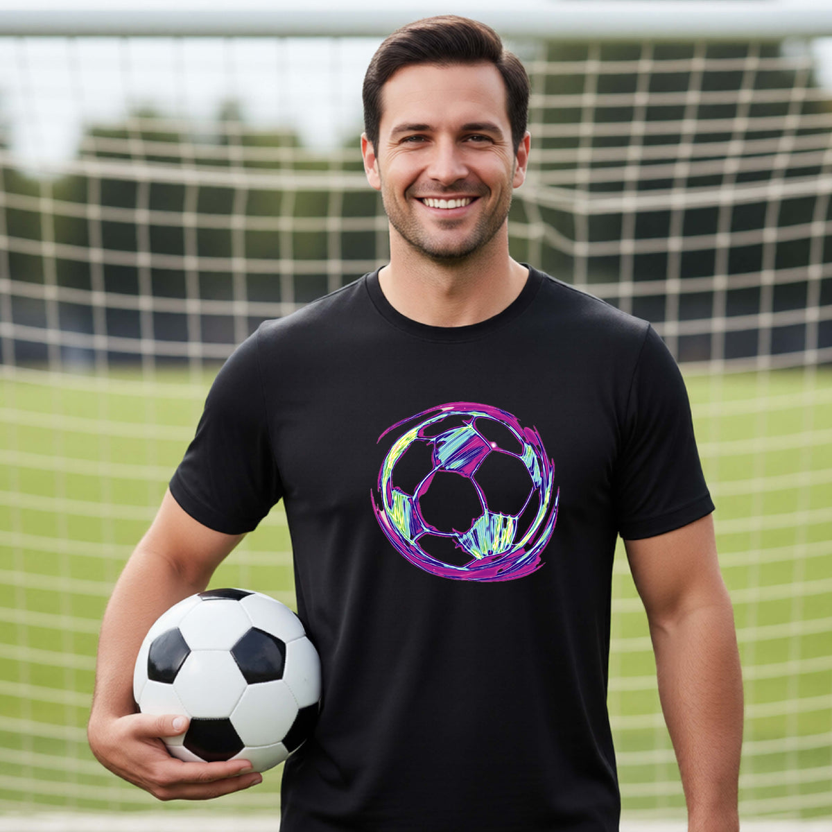 A smiling man wearing a black t-shirt with a colorful, stylized soccer ball graphic on the chest, holding a real soccer ball on a green soccer field with a goal net in the background.
