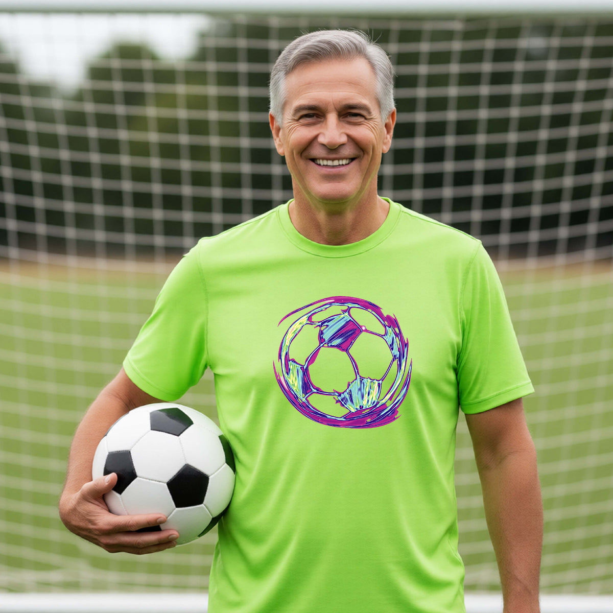 A smiling older man wearing a bright neon green t-shirt with a colorful soccer ball graphic on the chest, holding a black and white soccer ball in front of a blurred soccer goal.