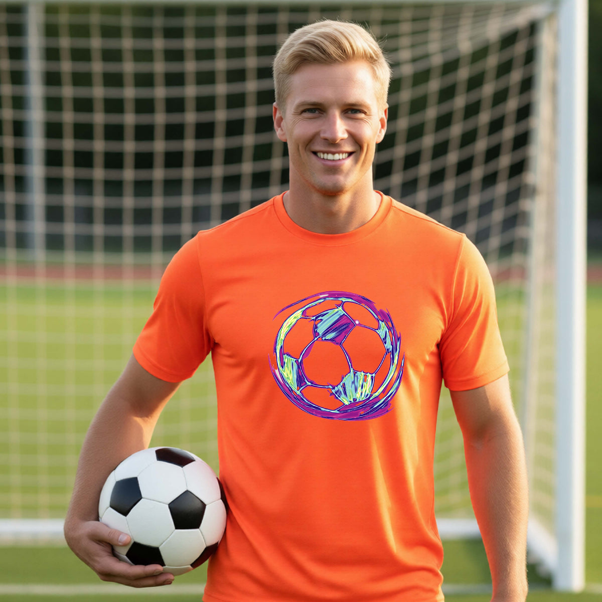 A smiling man wearing a bright orange t-shirt with a colorful soccer ball graphic, holding a black and white soccer ball on a green field in front of a soccer goal.