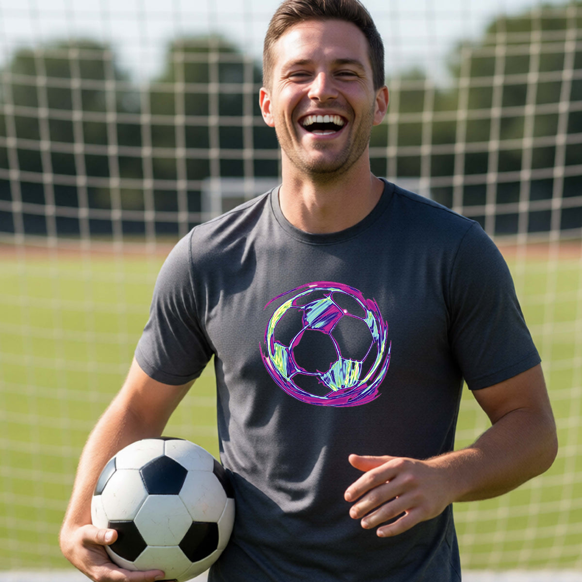 A man smiling on a soccer field holding a soccer ball, wearing a dark gray t-shirt with a colorful, iridescent soccer ball graphic on the chest.