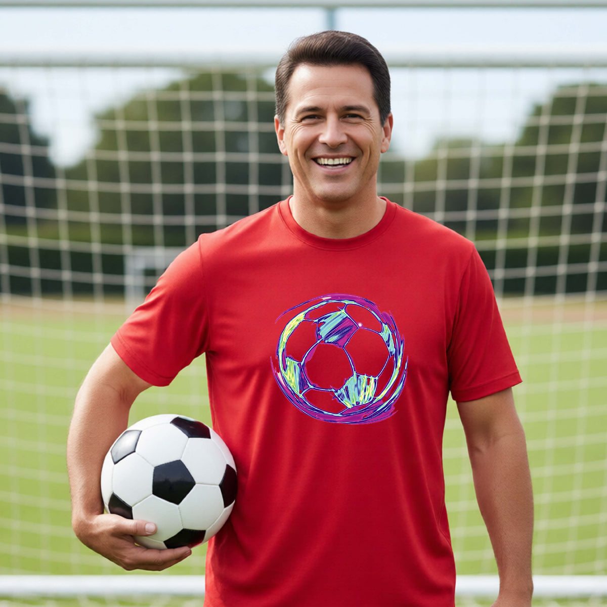 A smiling man wearing a red t-shirt with a colorful soccer ball graphic, holding a black and white soccer ball on a grassy field in front of a goal net.