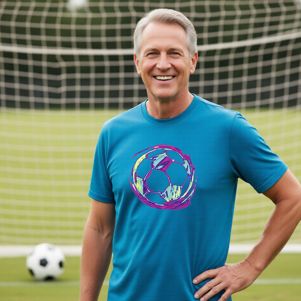 A smiling older man wearing a bright blue athletic t-shirt with a colorful soccer ball graphic on the chest, standing on a soccer field in front of a goal net with a soccer ball nearby.