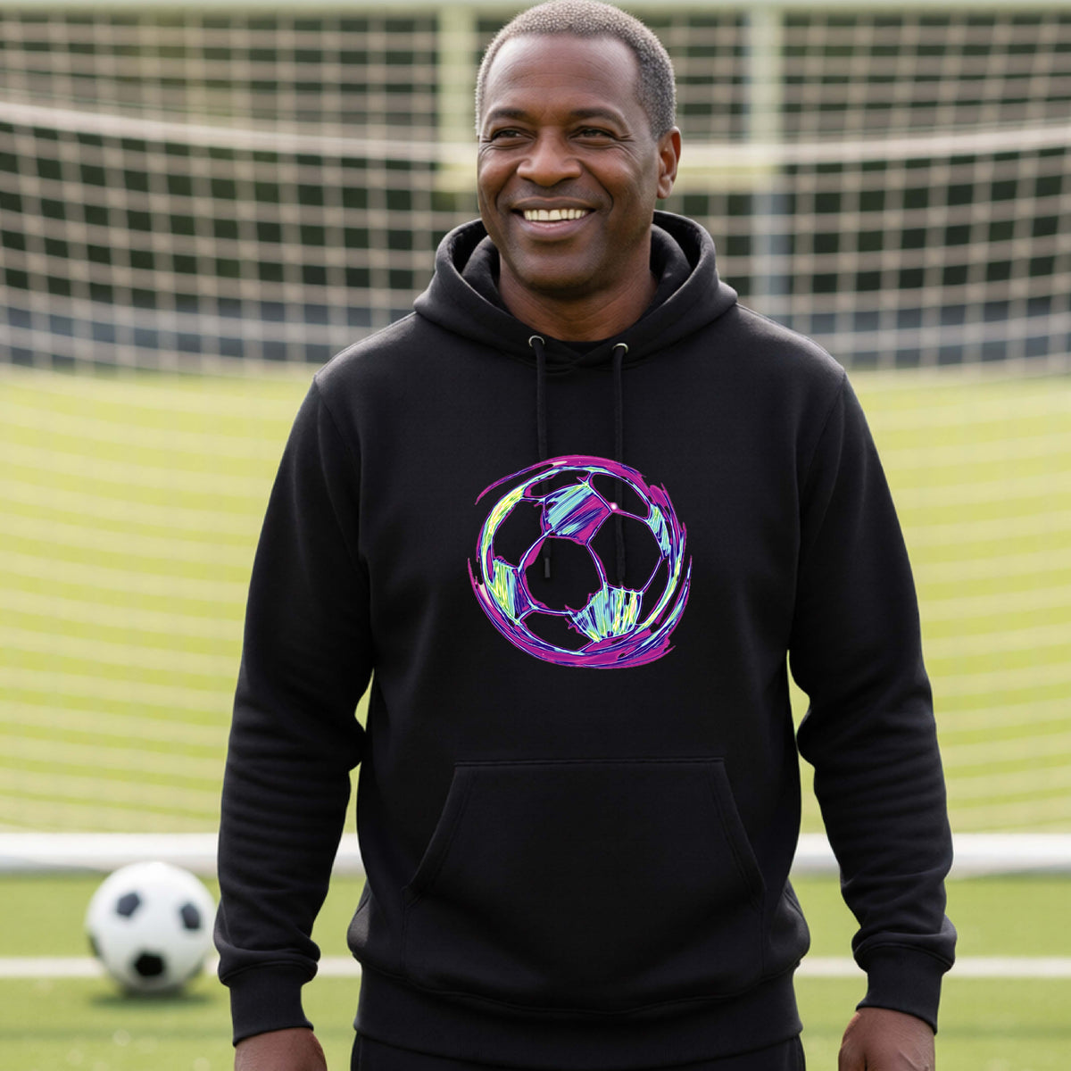 A smiling man wearing a black hoodie with a colorful irridescent soccer ball graphic on the chest, standing on a soccer field with a goal net in the background.