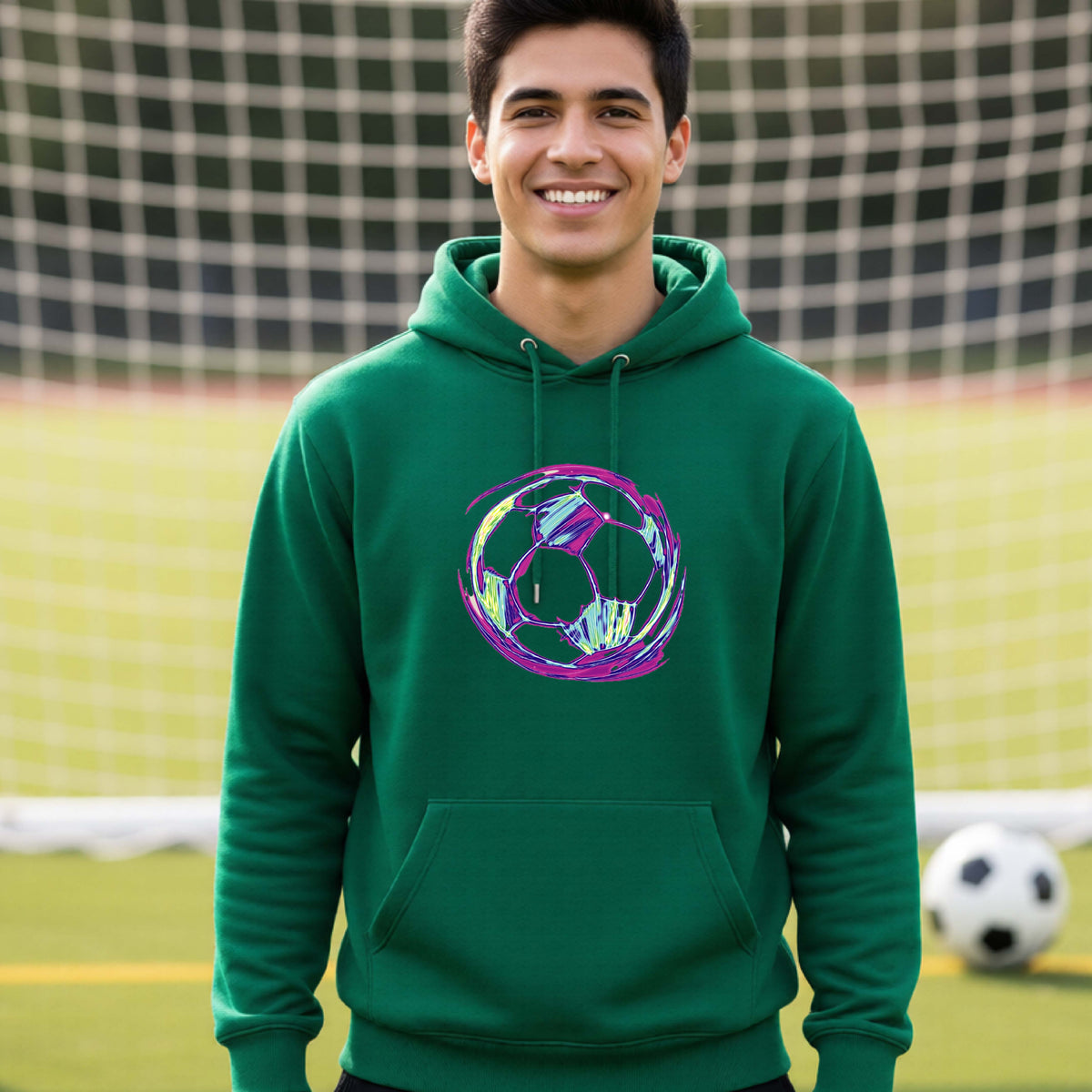A smiling man wearing a green hoodie with a colorful irridescent soccer ball graphic on the chest, standing on a soccer field with a goal net in the background.