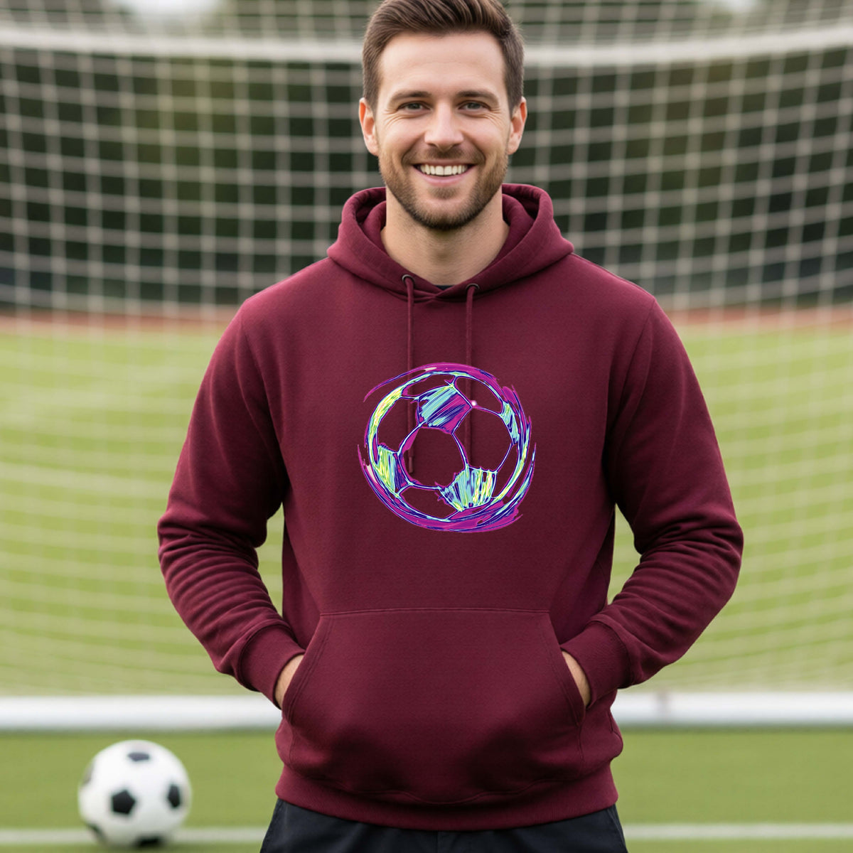 A man wearing a maroon hoodie with a colorful soccer ball graphic on the chest, standing on a soccer field with a goal net in the background.